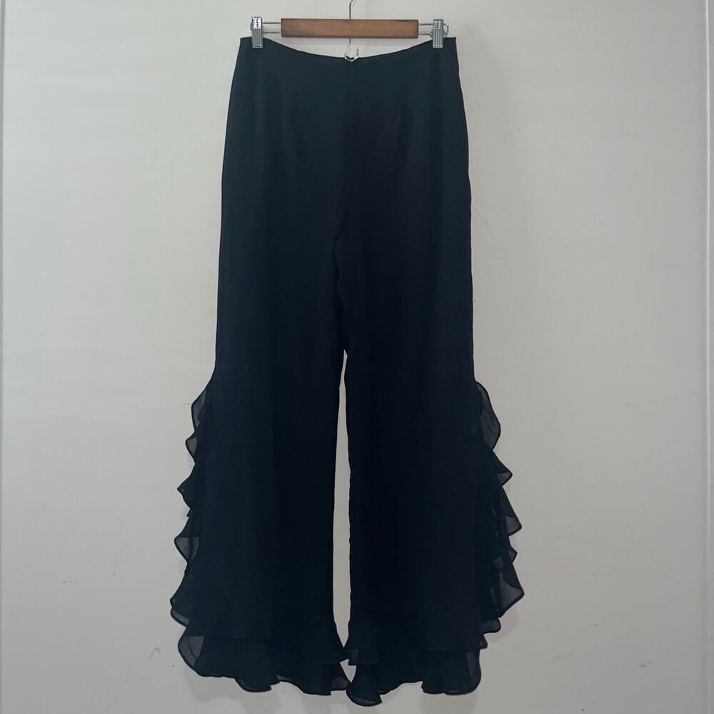 Black High Waisted Ruffle Trim Wide Leg Casual Aysymetrical Palazzo Pants (0891)